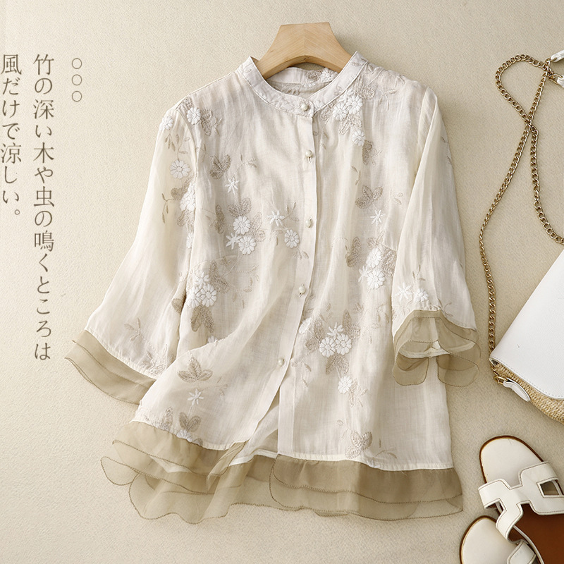 25 Retro Art Style New Loose Plus Size Women's Clothing Heavy Embroidery Cotton Linen Three-Quarter Sleeve Patchwork Shirt Top for Women