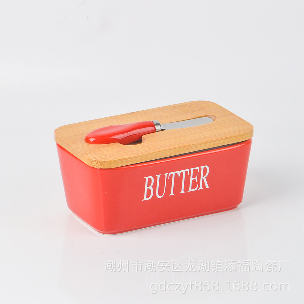 Caja de mantequilla de cerámica de explosión transfronteriza caja de queso doméstica de gran capacidad tazón de mantequilla con cuchillo cubierta de madera de bambú
