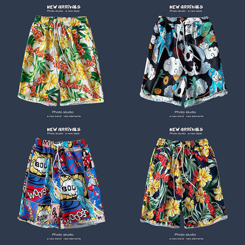Men's Hawaii Casual Shorts, Loose and Versatile, Hawaiian Style, Flowered Pajama Shorts for Beach Vacation, Trendy Couple's Five-Pocket Pants