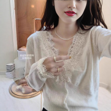 7色可定制秋季新款v领针织衫花边蕾丝内搭毛衣薄款上衣长袖女开衫