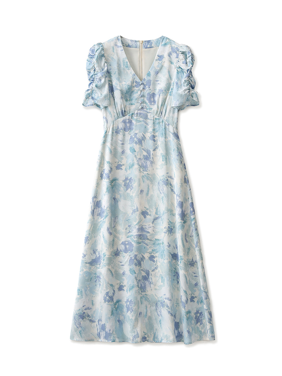 Đầm maxi nữ thắt eo chất liệu jacquard in họa tiết cao cấp — Màu xanh lam