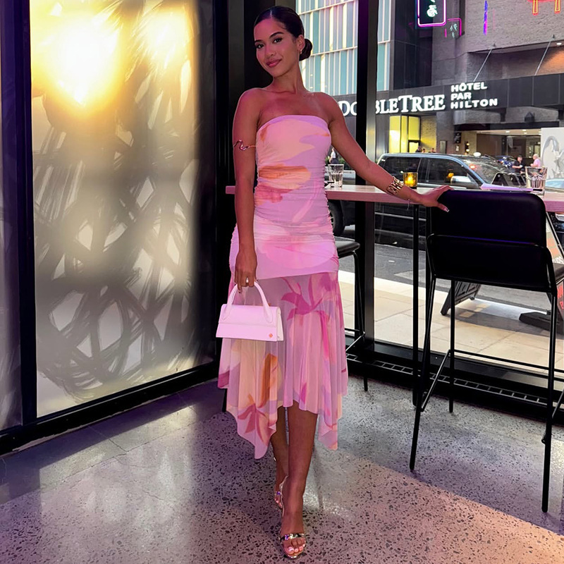 European and American Style Cross-Border Sweet Street Women's Slightly See-Through Mesh Splicing Hip-Hugging Skirt One-Line Collar Tube Top Slimming Dress