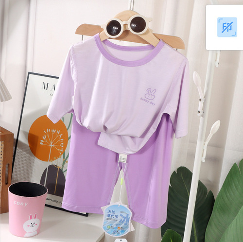 2025 new children's home wear for men and girls A boneless tensel modal quarter sleeve quarter pants air conditioning clothes