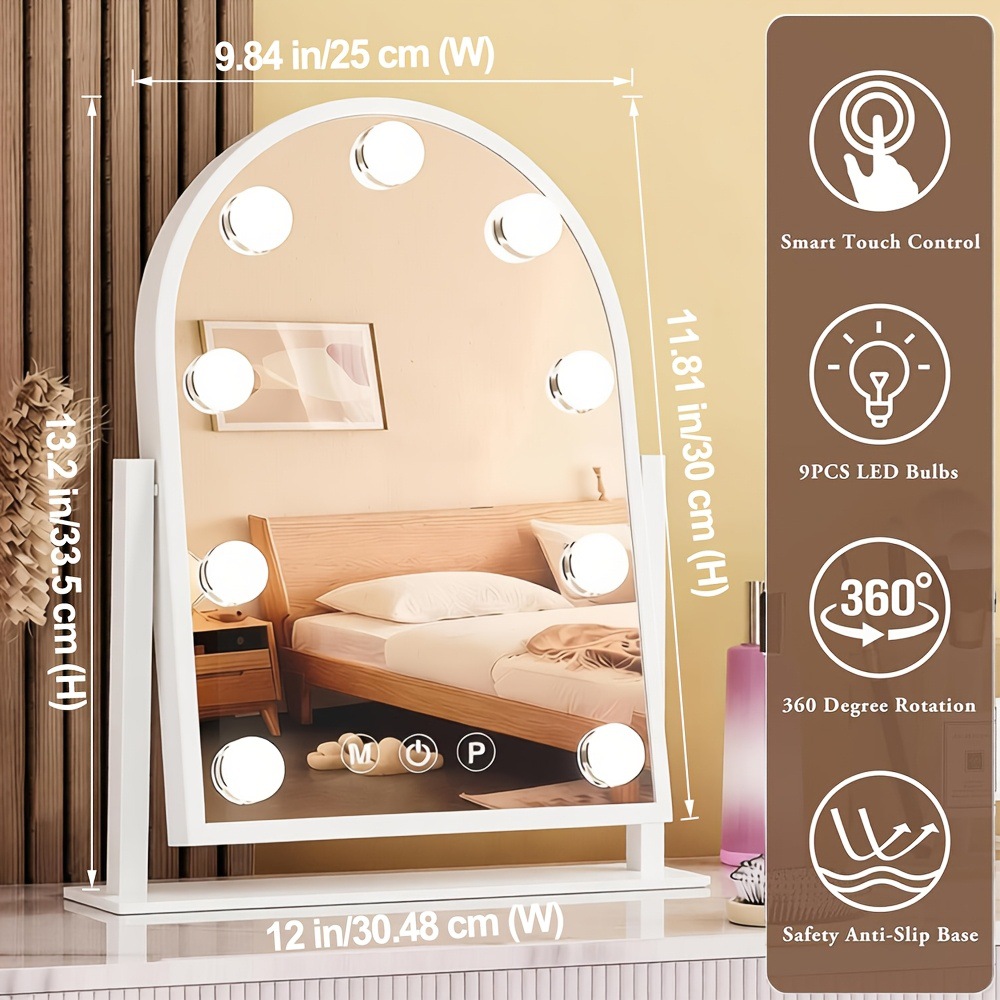 Gebogener Hollywood-Schminkspiegel, 9 dimmbare LED-Lampen, 3 Lichtmodi, Touch-Steuerung mit Memory-Funktion, Kosmetikspiegel für Schlafzimmer-Schminktisch_voghion.com