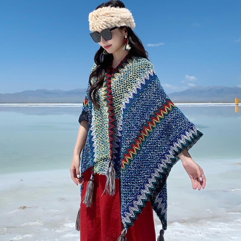 Sichuan-Xizang Retro Versatile Ethnic Style Shawl Women's Knitted Cardigan Jacket Travel Outerwear Warm Cape Poncho