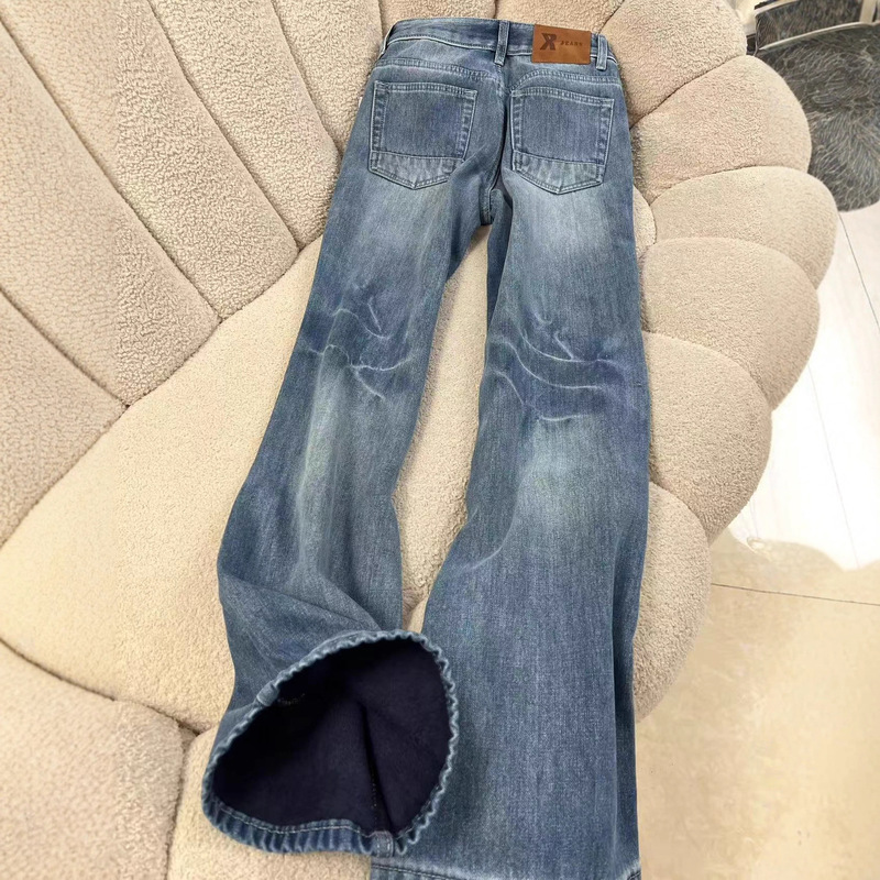 Designed Mid-Low Waist Fleece-Lined Micro-Flared Jeans for Women in Autumn and Winter New Style American Retro Blue High-Waist Slim Pants