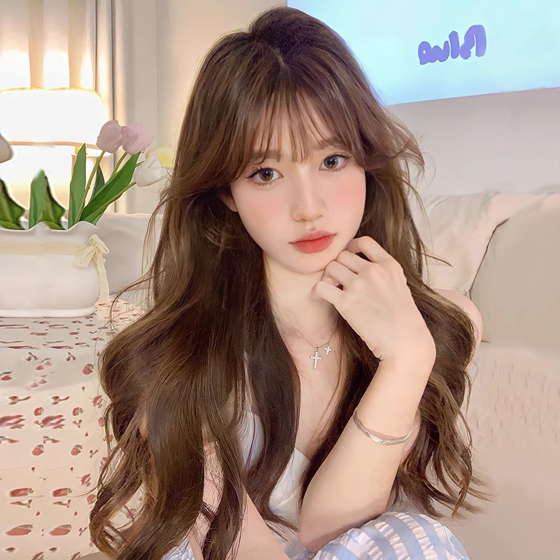 Peruca de cabello largo de mujer natural toda la cabeza tipo ondulado largo rizado cabello largo de simulación de cabello largo completo cabello humano verdadero cubierta de cabello