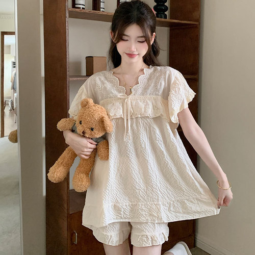 [Real shot] Pajamas with breast pads for women in summer 2024 new style bubble cotton sweet and cute short-sleeved home clothes set