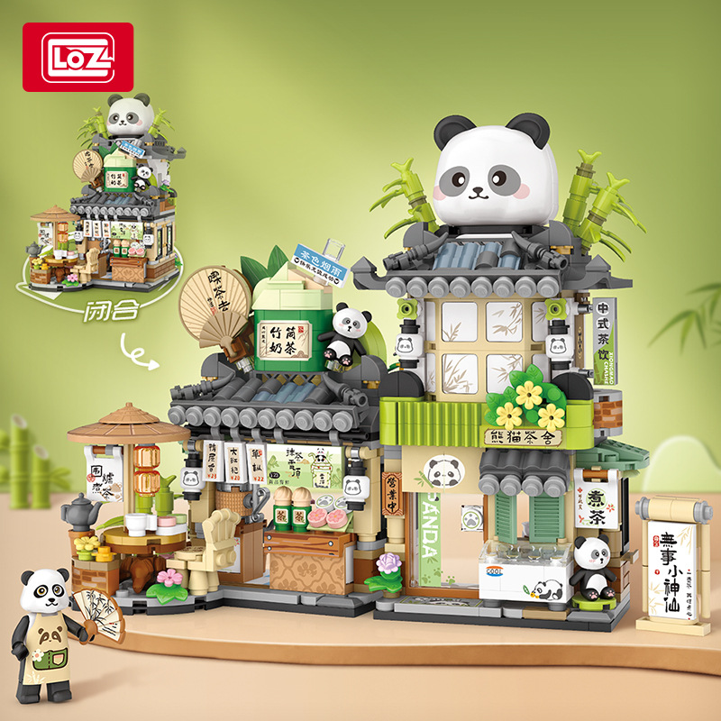 loz1383 panda tea club small particle building blocks street view coffee shop assembling building blocks children‘s day toy gift
