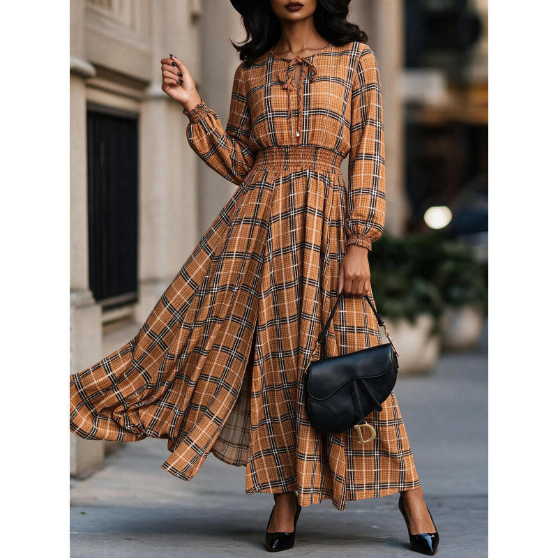 New autumn vintage plaid long-sleeve dress with elastic waist, slit, and long hem New autumn vintage plaid long-sleeve dress with elastic waist, slit, and long hem