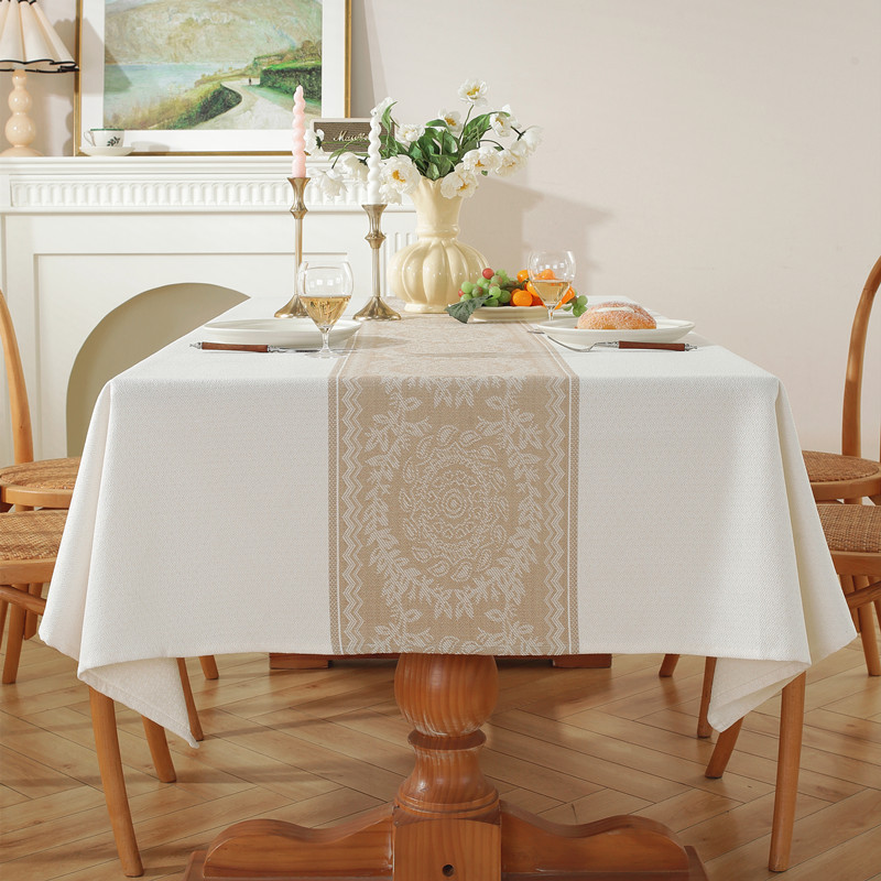 Nordic Cross-border Polyester Jacquard White And Brown Vintage Diamond Geometric Rectangular Tablecloth, Cover, Coffee_voghion.com