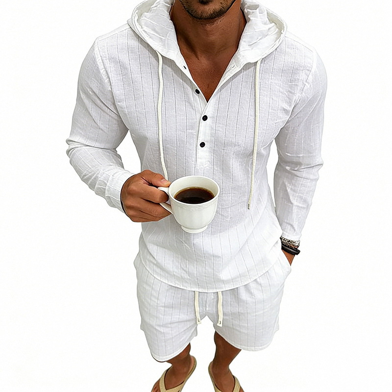 Men's Linen Long Sleeve Hooded Henley Shirt With Shorts Set, Jacquard Vertical Stripe Pattern, Relaxed Fit For Summer Commute And Casual Wear_viptrois.com