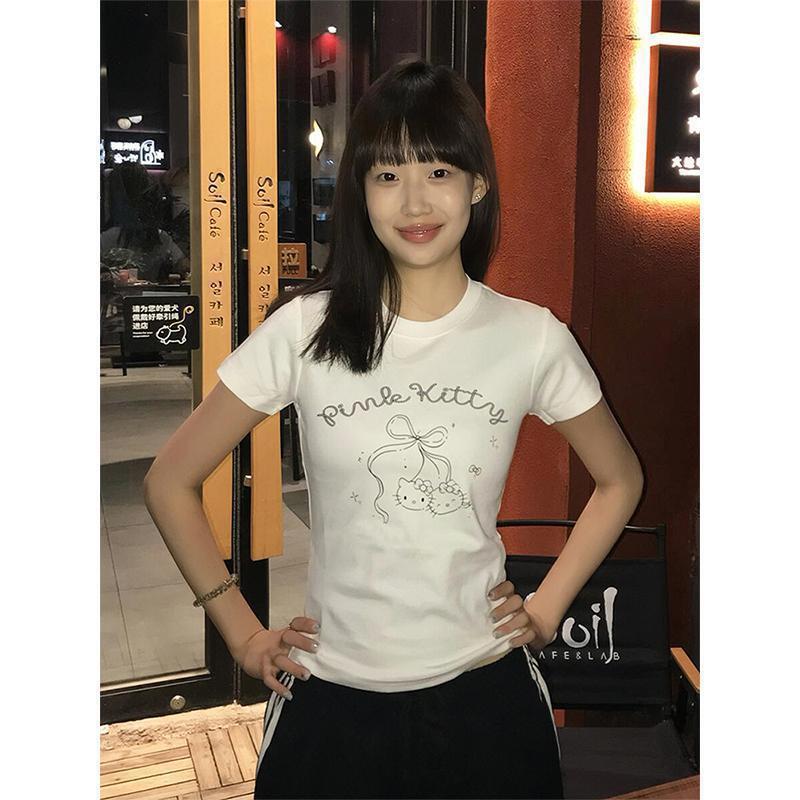 Korean-Style Short-Sleeve Women's Summer Cute Kt Bow Print White Round-Neck T-Shirt Slim Fit Top Ins