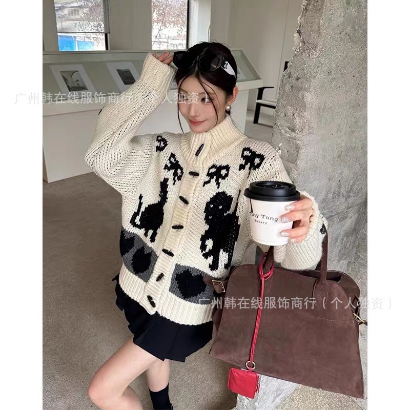 高版本韩国小众品牌Open Yy 猫咪提花宽松针织毛衣一件无痕代发|undefined