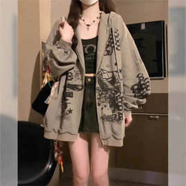 自家工厂Kt猫开衫卫衣女春秋薄款宽松慵懒风美式复古甜酷连帽外套