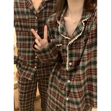 韩国ins女士外贸秋冬情侣款圣诞格纹花边长袖磨毛长袖家居服套装