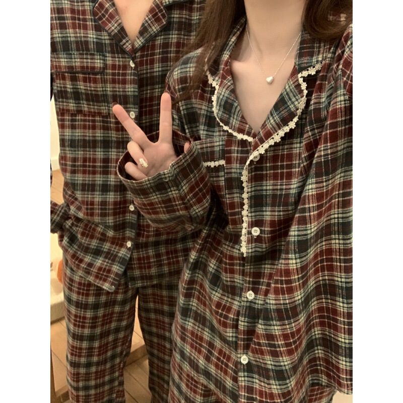 South Korea ins women's foreign trade autumn and winter couple's Christmas Plaid lace long sleeve brushed long sleeve home wear suit