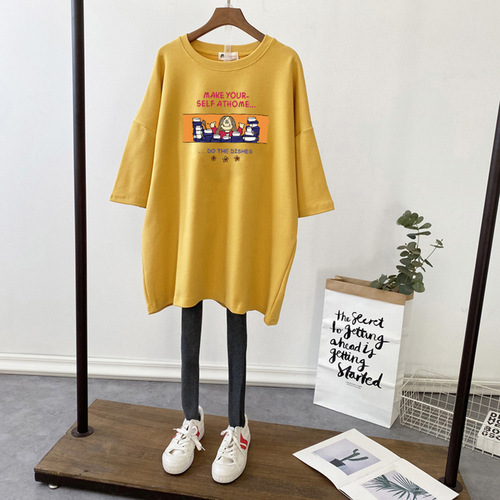 Cotton maternity summer top, mid-length loose plus-size T-shirt spring dress for pregnant women, summer maternity dress