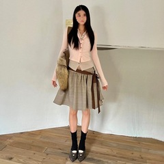美式辣妹修身假两件长袖针织衫上衣女个性复古格纹半身裙两件套装