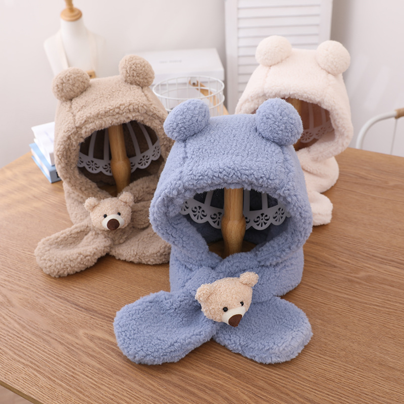 卡通小熊二件套兒童帽子冬款保暖套帽子毛絨兒童帽2-6歲男女寶寶