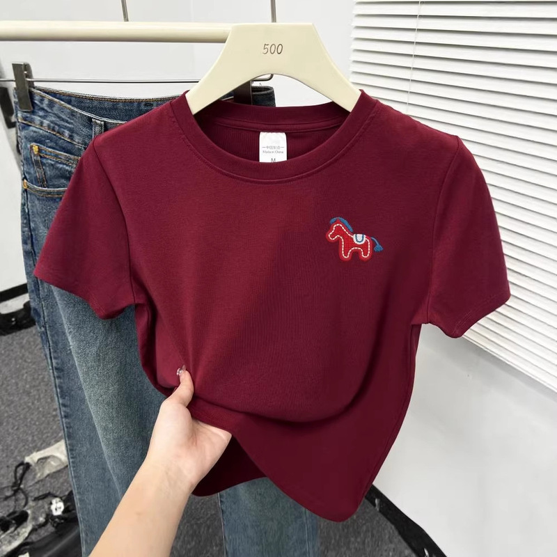 2026 New Style Burgundy Regular Shoulder Short-Sleeve T-Shirt for Women, Plus-Size, Tummy-Concealing, Versatile, Stylish Round-Neck Top
