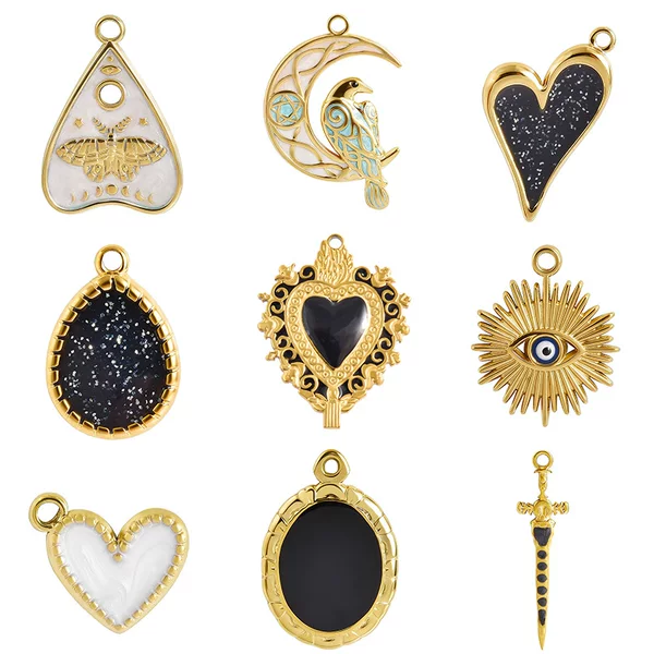 Stainless Steel Pendant Accessories Black and White Enamel Heart-Shaped Water Drop Evil Eye Charms DIY Necklace Bracelet Ornaments