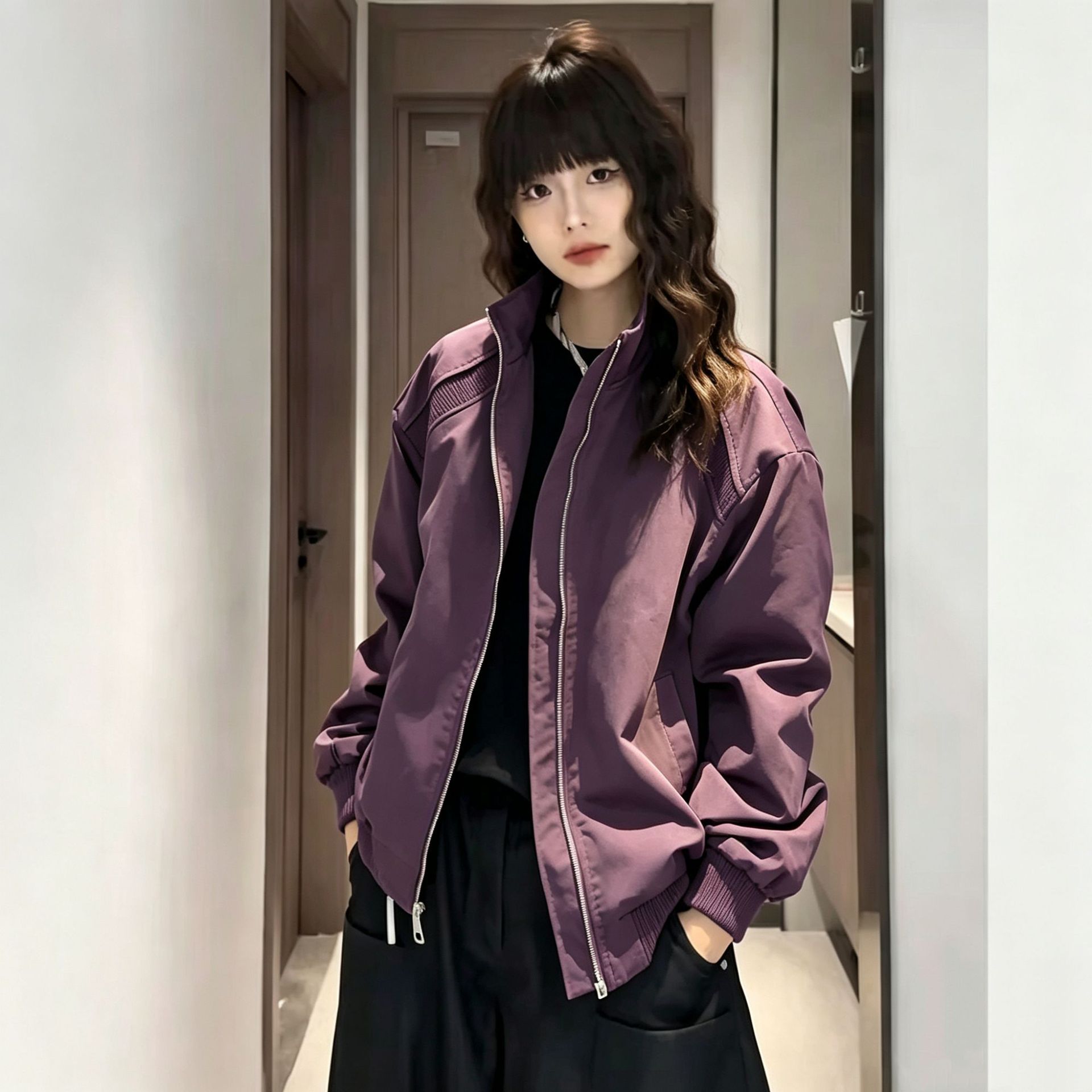 紫色美式高级感立领机车服男女春秋潮牌解构拼接夹克痞帅运动外套