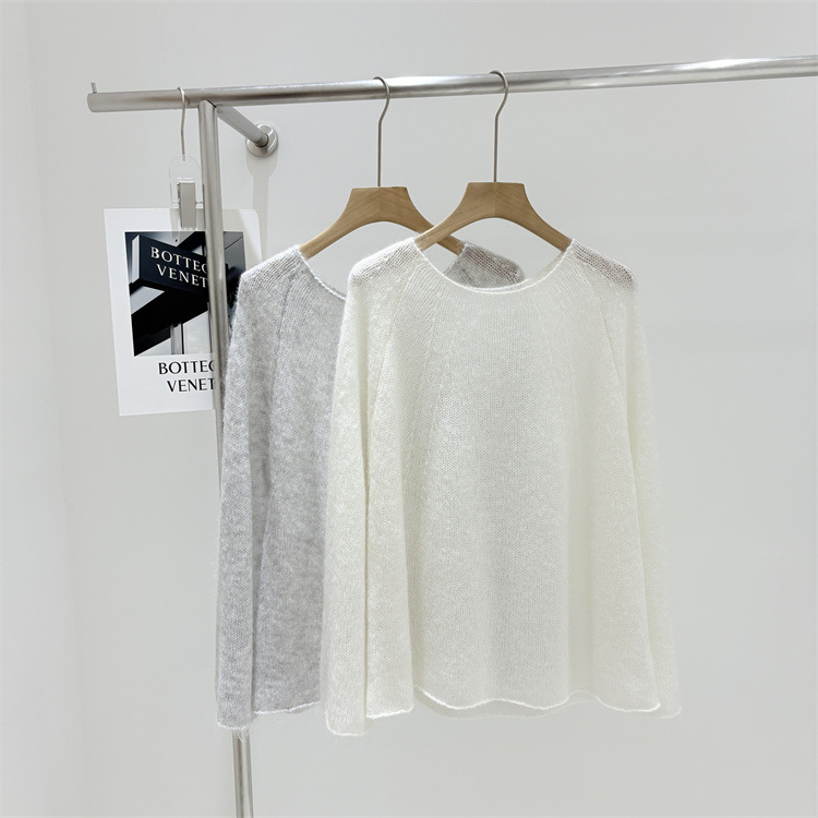 韩国订单秋装新款羊毛喇叭袖软糯马海毛圆领薄款针织衫毛衣套头衫