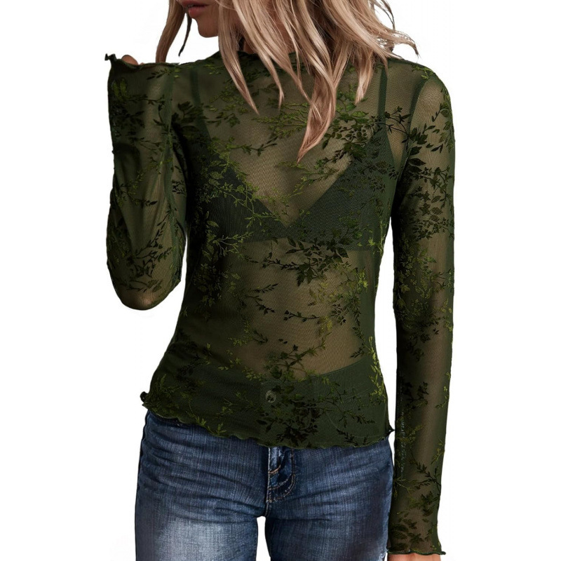 Amazon Cross-Border Floral Embroidery Mesh Gradient Top for Women 2026 Summer New Slim Long-Sleeved Lace Shirt