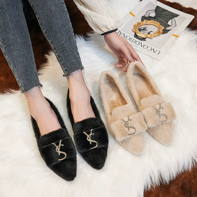 Furry shoes for women's outer wear winter plus velvet cotton scoop shoes mink velvet rabbit edamame shoes warm large size women's shoes 41 to 43