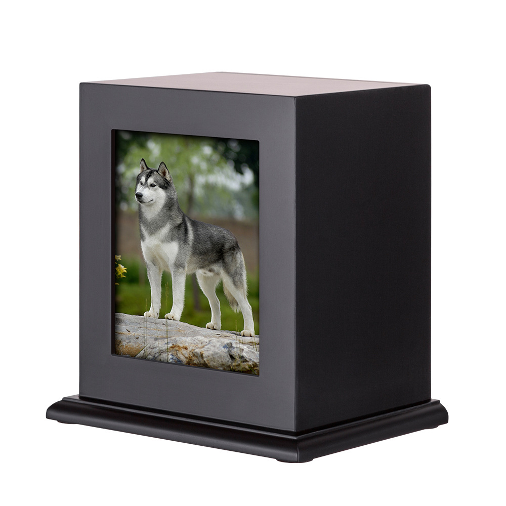 Transfronterizo en stock Cenizas negro base de madera maciza mascota memorial cinerario ataúd con marco de fotos perro funeral de madera maciza