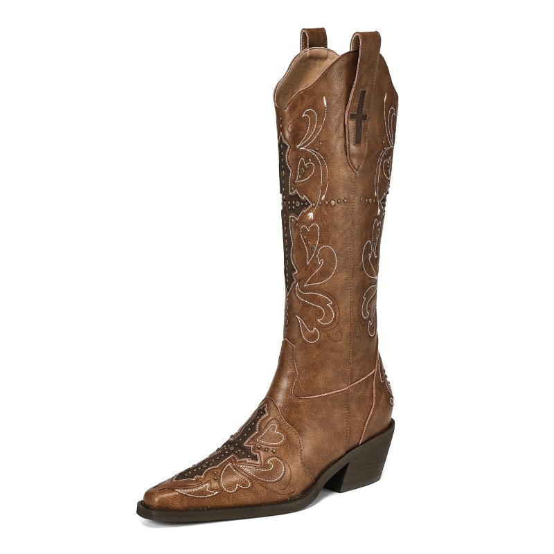 New cowhide handsome V-mouth western boots studded with velvet sleeve chunky heel high boots_voghion.com
