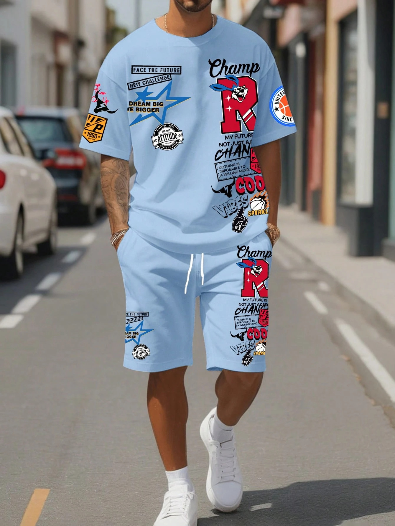 Herren-Trainingsanzug mit Streifen und Zahlenprint im Los Angeles Baseball-Stil – Sommer-Set für formelle und legere Anlässe_voghion.com