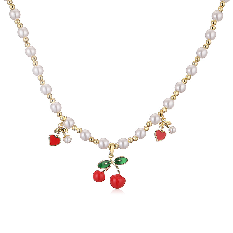 Cherry, Heart Shape Pattern Wholesale Jewelry Sweet Cherry Heart Shape Copper Jewelry Set Beaded Chain