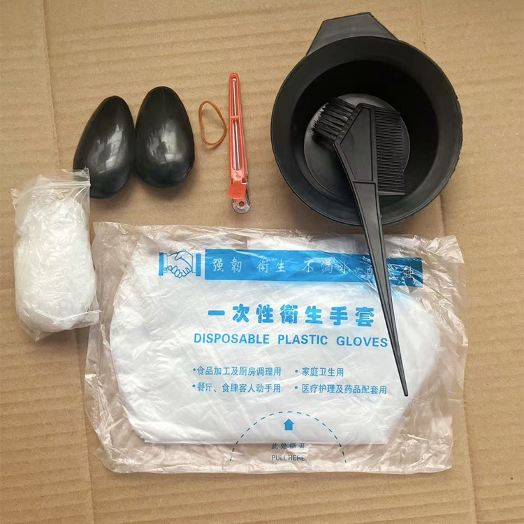 염색약품 전용도구, 오일그릇, 브러쉬, 빗, 귀마개, 일회용장갑, 집게, 샤워캡, 앞치마, 고무밴드
