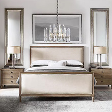 法式复古布艺1.8米双人床美国RH原单美式现代软包实木雕花婚床