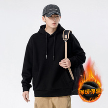 加绒加厚连帽卫衣男秋冬新款保暖重磅宽松纯色男士帽衫情侣装外套