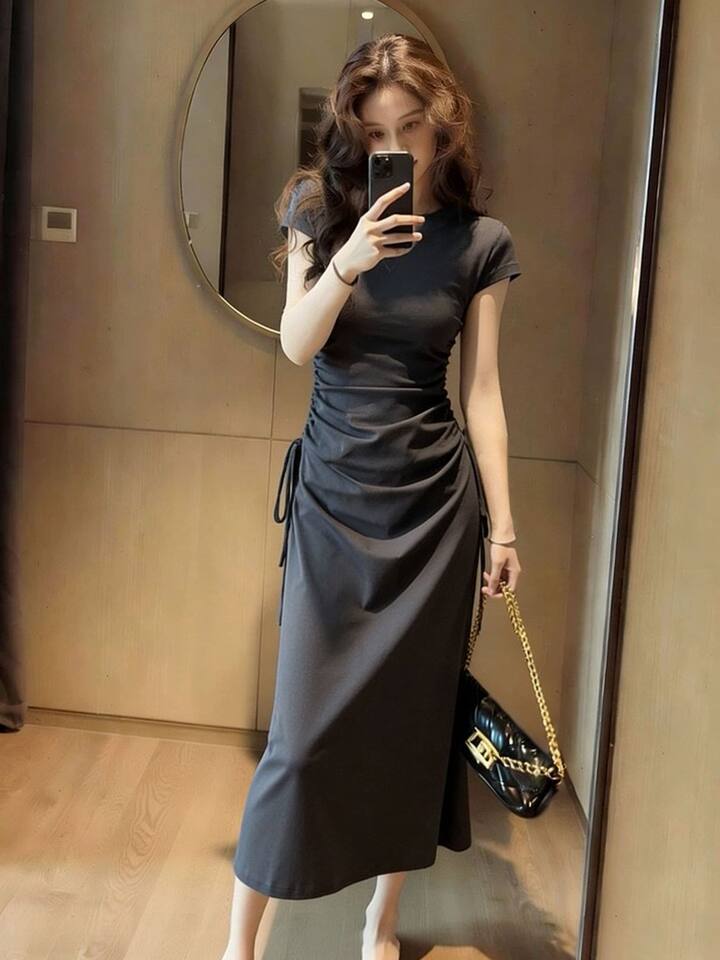 Đầm liền thân tay ngắn cổ polo dáng chữ A chiết eo tôn dáng — Xám đậm [Phiên bản nâng cấp cao cấp], Đen [Phiên bản nâng cấp cao cấp] chi tiết 2