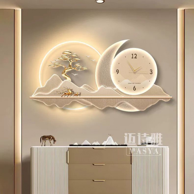 2025 nuevo estilo de pintura de decoración del restaurante reloj de lujo moderno reloj de pared de fondo de la sala de estar reloj creativo lámpara de pared pintura