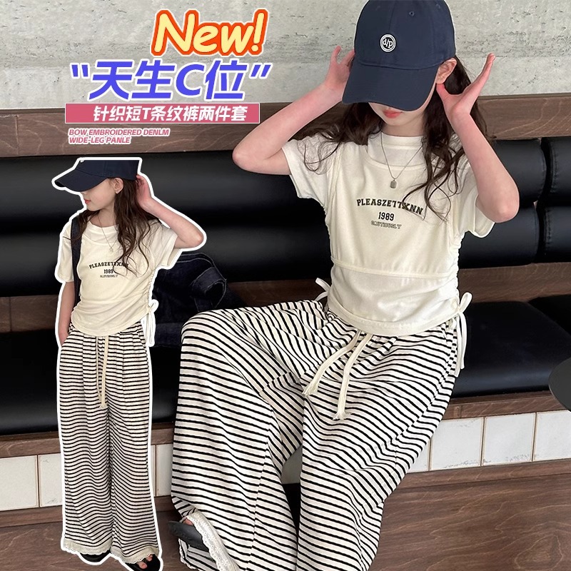 原版做工女童短袖套装夏季韩版女孩薄款T恤条纹裤两件套中大童