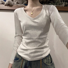 2025新款V领春秋冬季纯色修身显瘦打底衫女内搭正肩长袖t恤上衣