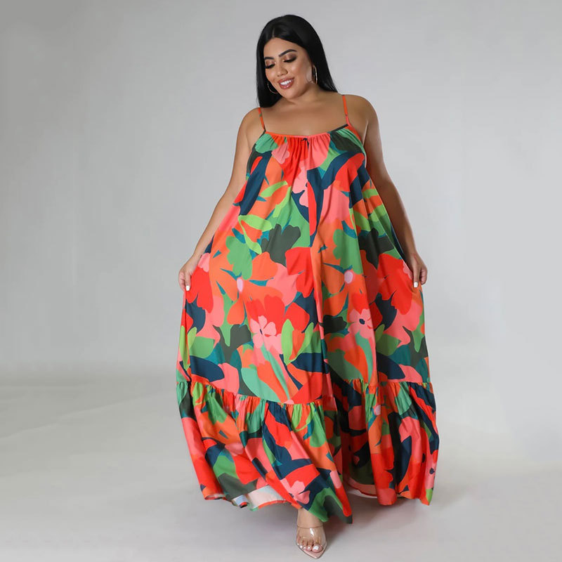 A-line Skirt Casual Collarless Printing Pleated Sleeveless Flower Maxi Long Dress Daily display picture 5