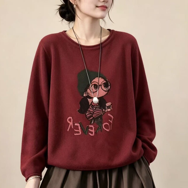 2026 Fall New Arrival: Versatile Loose-Fit Plus-Size Printed Cotton Knit Sweater with Round Neck and Long Sleeves 2026 Fall New Arrival: Versatile Loose-Fit Plus-Size Printed Cotton Knit Sweater with Round Neck and Long Sleeves