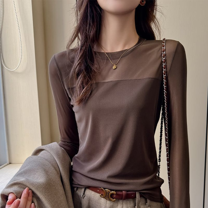 Hong Kong Style Round Neck Long-Sleeved Women's Mesh Early Autumn Outer Wear New Retro Slim Inner Layering Shirt High-End Mesh Top