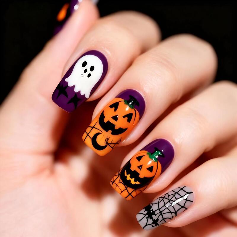 European and American Christmas Wearable Nails, Pure Handmade, Popular Autumn and Winter Snowflake Halloween Nail Art, Wearable Nail Pieces, Fake Nails