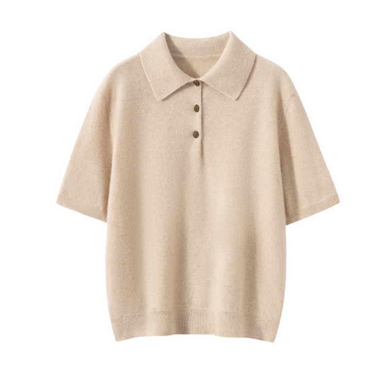 100 Pure Cashmere Polo Collar Half-Sleeved Casual Loose Knitted Bottoming Shirt Short-Sleeved Women's Autumn and Winter New Style