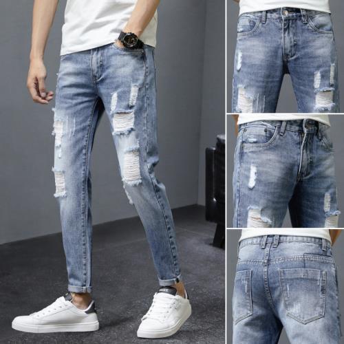 Summer Thin Cropped Jeans Men's Light Color Slim-fit Skinny Pants Korean Trendy Beggar Cropped Pants
