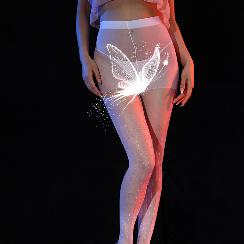 Internet Celebrity Sexy High-Gloss Hot Diamond Stockings Sexy Lace One-Piece Stockings over the Knee White Glitter Pantyhose with Diamonds Black Stockings for Women