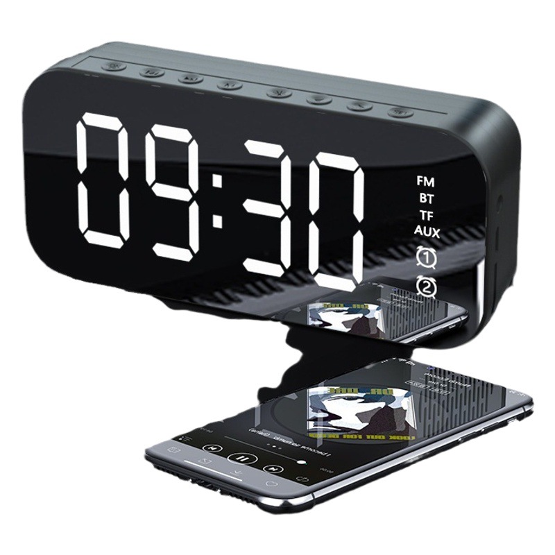 Nuevo reloj despertador Bluetooth audio inalámbrico Tarjeta de radio escritorio mini pequeña pistola acero altavoz espejo teléfono móvil altavoz