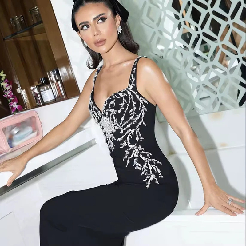 Ins2025 Popular Black Women's Diamond Beaded Spaghetti Straps Backless Sexy Extra Long Bandage Dress Ins2025 Popular Black Women's Diamond Beaded Spaghetti Straps Backless Sexy Extra Long Bandage Dress